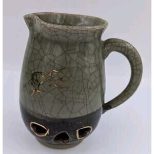 Mid Century Japanese Somayaki Golden Horse and Hearts Double Walled Pitcher 6.5"